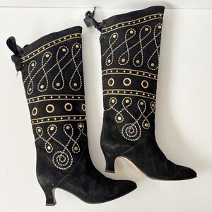Vintage 1980s Black Suede Gold Studded Knee High Boots Tall Riding Size 7.5